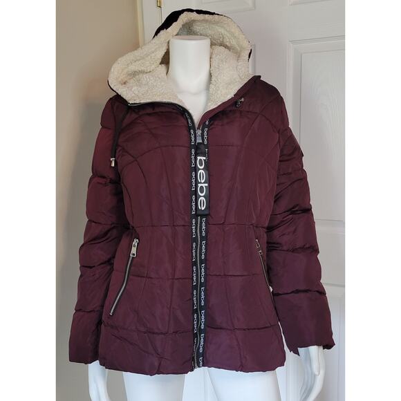 Bebe Sport Eggplant Purple Hooded Puffer Jacket Faux Shearling Lining Size L
